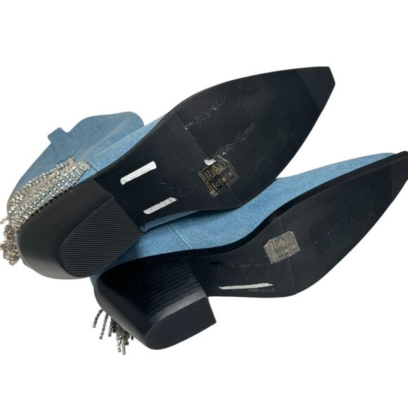 Azalea Wang TooCute Denim Rhinestone Fringed Mid Calf Cowboy Boots Size 7 NEW - Picture 12 of 12